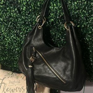 Michael Kors Medium Black Pebbled Hobo Purse with Tassel Charm